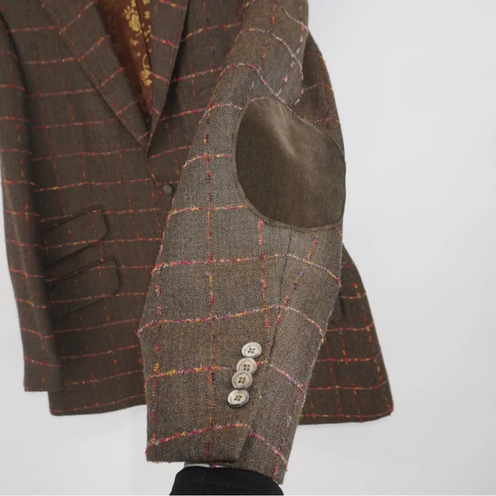 TED BAKER Brown Fuchsia Window Pane 100% Wool Sport Coat Velvet Elbow Collar 46R